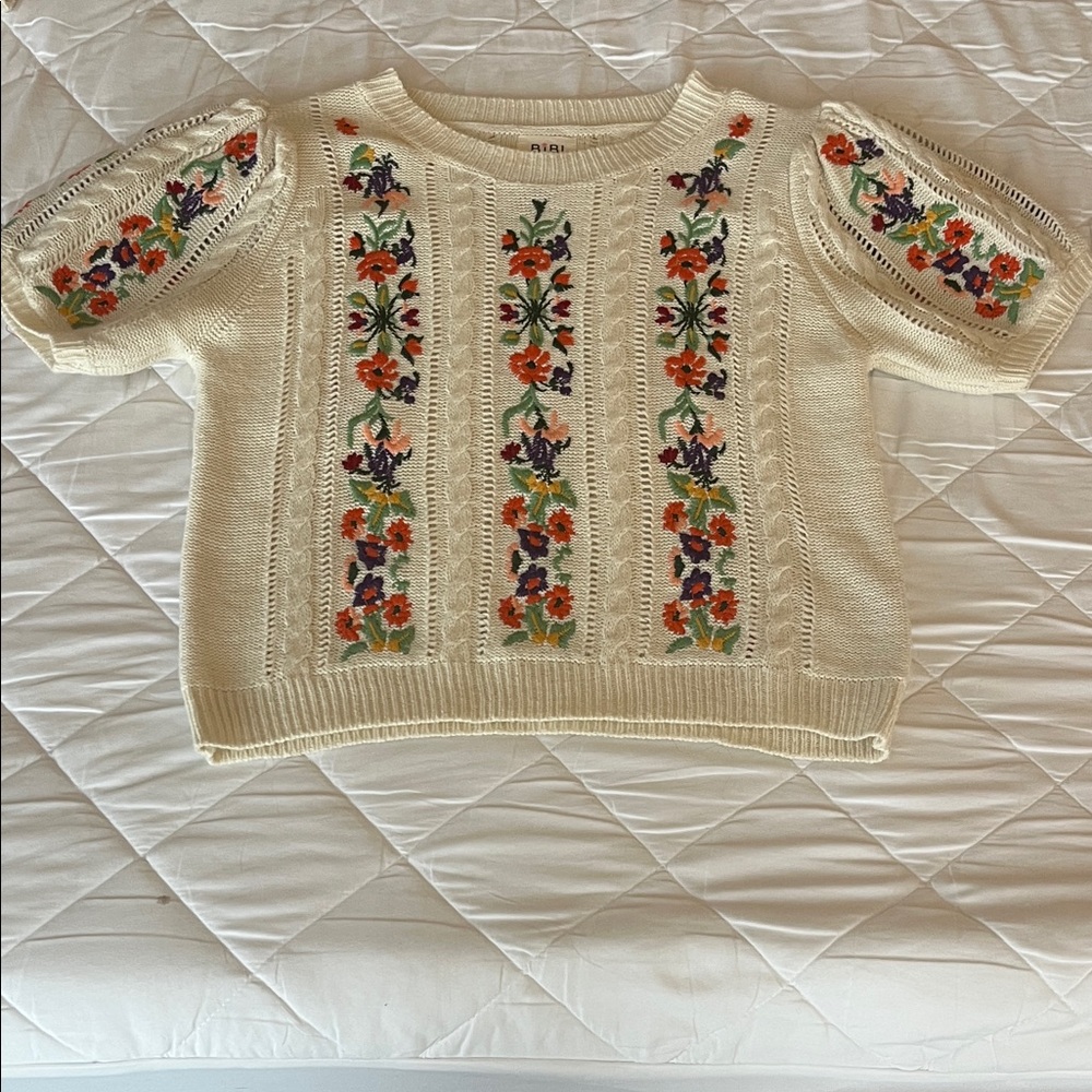 BiBi Cream Sweater with Colorful Floral Embroidery
